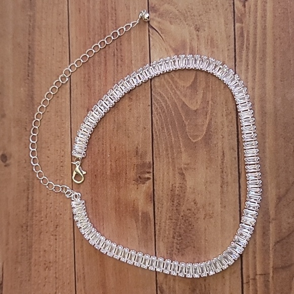 Square Cubic Zirconia Simulated Diamond Silver Toned Choker - Picture 3 of 11